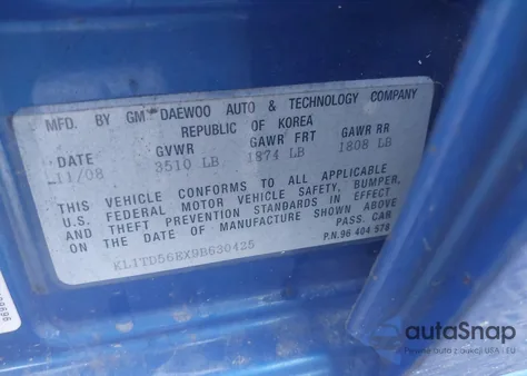 2009 Chevrolet Aveo Lt из США, поврежденный, VIN KL1TD56EX9B630425